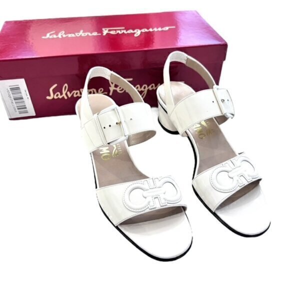 🎉SALE🎉 Salvatore Ferragamo White Patent Leather‎ Block Heels 6AA NIB GLAM LOGO - Picture 1 of 16